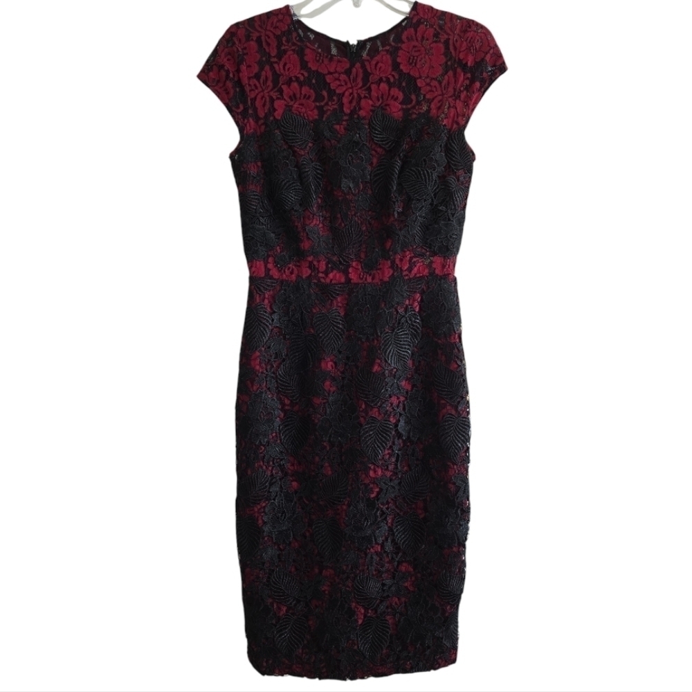 Monique Lhuillier Lace Sheath Cocktail Dress 6 Black Red 2-tone Holiday Party